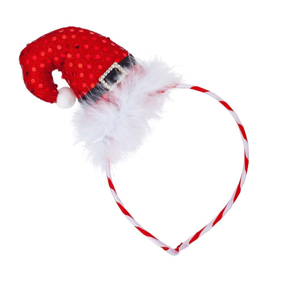 Little Red Sequins Santa Claus Hat White Fur Stripes Headband